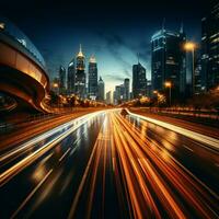 Dynamic city highway Overpass motion blur merges with urban backdrop, portraying velocity For Social Media Post Size AI Generated photo