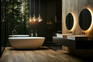 un lujo baño diseño, mezcla madera, colgando lamparas en moderno estilo ai generado foto