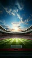 3D soccer stage, Rendered stadium hosts bustling field action Vertical Mobile Wallpaper AI Generated photo