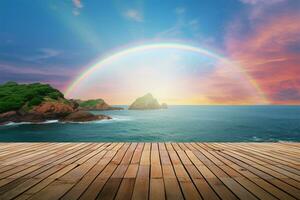 A wooden tabletop harmonizes with a sea view and a rainbow AI Generated photo