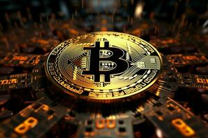 Futuristic finance Golden Bitcoin on a matrix backdrop with digital numbers AI Generated photo