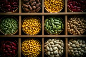 Wooden containers holding assorted beans, viewed from above AI Generated photo