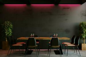 un contemporáneo restaurante con un vacío negro pared para publicidad ai generado foto