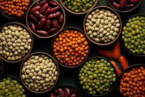 An assorted collection of legumes and beans in a visually pleasing display AI Generated photo