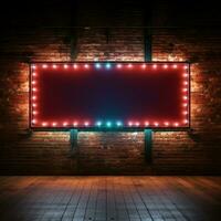 Empty long billboard sign framed in neon on a vintage brick wall For Social Media Post Size AI Generated photo