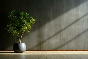 Dark ambiance with potted plant, concrete wall, and wooden flooring AI Generated photo