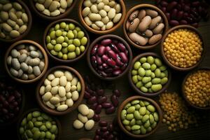 Assorted beans neatly piled in small mounds, seen from a top view AI Generated photo