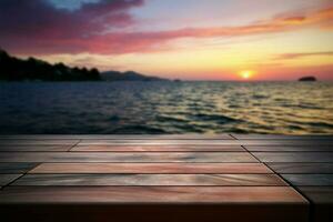 Coastal serenity Wooden table, blurred beauty of a sea sunset AI Generated photo