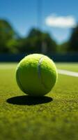 Game on the green court with a vibrant tennis ball Vertical Mobile Wallpaper AI Generated photo