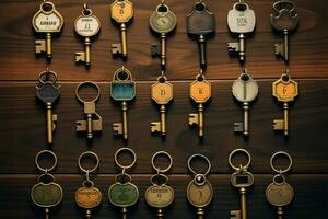 Keys with individual labels for various designated functions and uses AI Generated photo