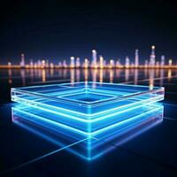 Shining blue neon square 3D render on reflective water surface For Social Media Post Size AI Generated photo