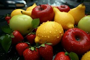 Aerial view of fresh street fruits after rain, creating a captivating sight AI Generated photo