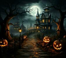 Sinister path, Hilltop house, pumpkins, cemetery illustration sets Halloweens eerie tone For Social Media Post Size AI Generated photo