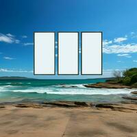 Marine billboard canvas Empty frame set on beach with ocean panorama For Social Media Post Size AI Generated photo