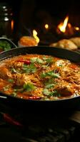 Delicious chicken curry simmering in a rustic wooden cooking vessel Vertical Mobile Wallpaper AI Generated photo