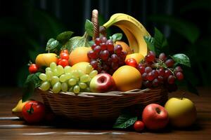 A charming basket overflowing with a variety of delicious, ripe fruits AI Generated photo