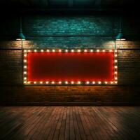 Empty long billboard sign framed in neon on a vintage brick wall For Social Media Post Size AI Generated photo