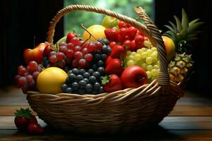 un cesta desbordante con naturalezas generosidad de vistoso, Fresco frutas ai generado foto