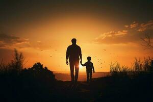 inseparable dúo silueta de un padre y hijo en pie unido ai generado foto