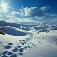 aprisionado por la nieve ascenso humano huellas pista ladera viaje, abrazando Nevado desafío para social medios de comunicación enviar Talla ai generado foto