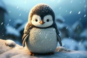 Charming penguin chick, wearing a snow coat, stands proudly AI Generated photo