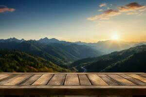 Wooden table in a serene landscape sunset, sky, and mountains AI Generated photo