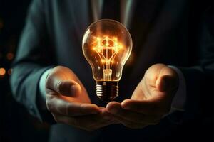 Businessmans hand holds an illuminated light bulb, symbolizing inspiration AI Generated photo