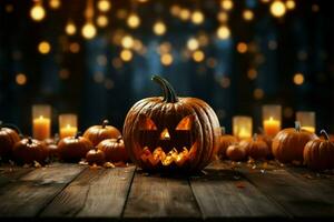 Spooky ambiance Wooden table, Halloween pumpkin, and haunting bokeh lights AI Generated photo