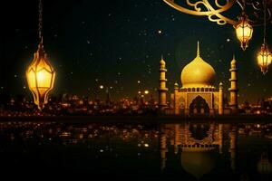 Radiant Eid Al Adha Mubarak in gold, complemented by traditional lanterns AI Generated photo