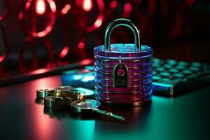 Security padlock beside a laptop in a poker casino setting AI Generated photo