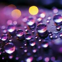 A serene scene Raindrops close up, gently bathed in purple light For Social Media Post Size AI Generated photo