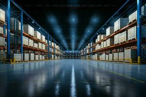 An empty logistics warehouse, a hub for storage and distribution AI Generated photo