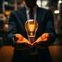 Office executive holds light bulbs, sparking innovation and inspiration For Social Media Post Size AI Generated photo