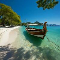 Serene Patong Beach scene, long-tail boats, luxury cruise grace Andaman Sea panorama For Social Media Post Size AI Generated photo