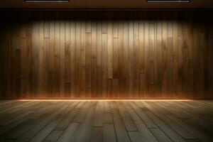 Wooden floor, wall, product stand create a gallery stage backdrop AI Generated photo