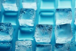 cristal hielo cubitos, adornado con gotas, conjunto en contra un azul antecedentes ai generado foto