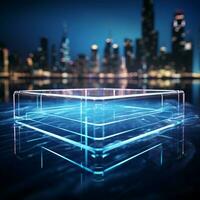 Shining blue neon square 3D render on reflective water surface For Social Media Post Size AI Generated photo