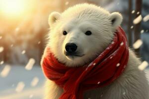 linda polar oso cachorro con accesorios con un festivo rojo bufanda ai generado foto