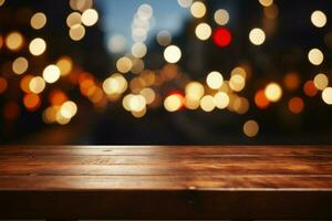 de madera mesa con bokeh luces, ideal para festivo nuevo años muestra ai generado foto