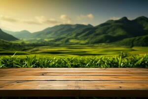 Tea plantations beauty in the background, wooden floor upfront AI Generated photo