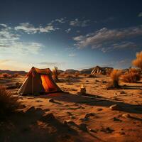 Desierto soledad acampar solo en medio de arenoso desierto, lejos desde bullicioso mundo para social medios de comunicación enviar Talla ai generado foto