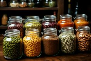 Glass jars house a variety of legumes and beans, including dried and fresh options AI Generated photo