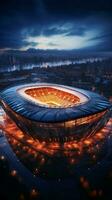 aéreo 3d ver capturas el esplendor de un noche iluminado fútbol estadio vertical móvil fondo de pantalla ai generado foto