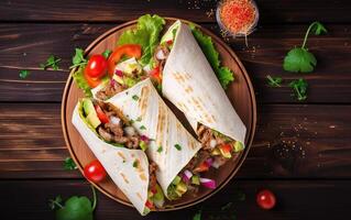 Burritos wraps with beef and vegetables on a wooden table photo