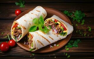 Burritos wraps with beef and vegetables on a wooden table photo