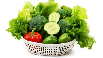 A white basket full vegetables in  white background photo