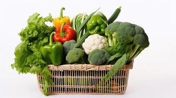 A white basket full vegetables in  white background photo