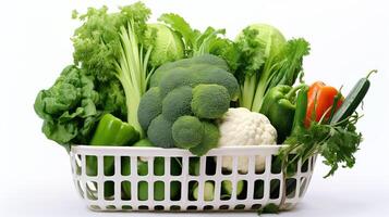 un blanco cesta lleno vegetales en blanco antecedentes foto