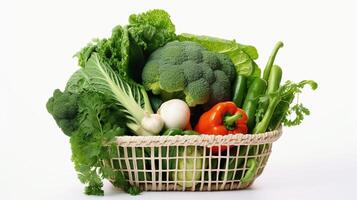 A white basket full vegetables in  white background photo