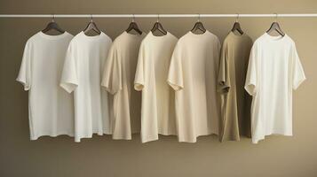 Generative AI, Colorful muted colors t-shirts on hangers, apparel background, print on demand concept, cloth store photo
